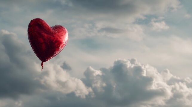 A vibrant red heart shaped balloon floats against a dramatic cloudy sky symbolizing love and freedom - Powered by Adobe