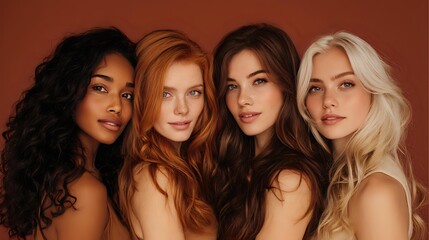 Obraz premium Diverse group of women with different hair colors and textures posing together against brown background, showcasing natural beauty and inclusivity in beauty industry.