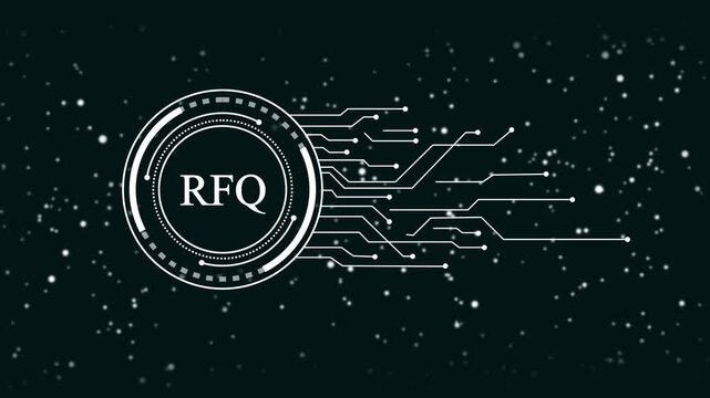 Digital R F Q Request for Quotation H U D interface with glowing particles and circuit lines on dark background technology concept
