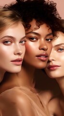 Fototapeta premium Close-up portrait of three diverse women with natural glowing makeup, flawless skin, and different skin tones showcasing beauty and inclusivity in cosmetics advertising.