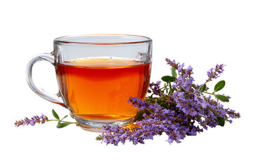 Cup of herbal tea with fresh lavender flowers, promoting relaxation and natural wellness