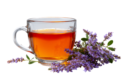 Cup of herbal tea with fresh lavender flowers, promoting relaxation and natural wellness