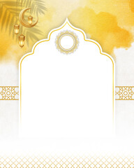 Elegant white and gold Islamic background with mosque arch frame and decorative border, ideal for Ramadan, Eid, or Islamic invitations and greeting cards. 4K 