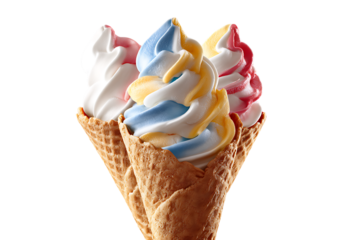 Three vibrant soft serve ice cream cones with swirled pastel colors against a white background