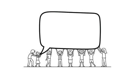 Group of stick figures holding up a large blank speech bubble, symbolizing teamwork, communication, shared ideas, and collaboration