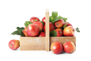 Fresh ripe apples with green leaves in wooden basket isolated on white