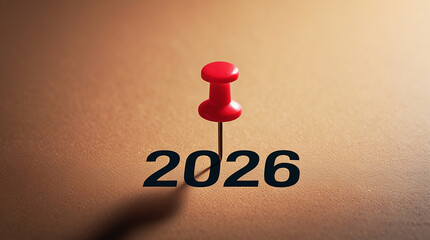 Red pushpin marking the year 2026 on a textured surface thumbtack