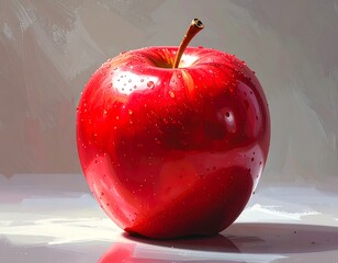 Vibrant red apple with water droplets, digitally painted