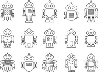 Retro robot icon set in line style vector Group and collection of vintage androids, droids, bots, cyborgs, mechanical machines and humanoid robots.