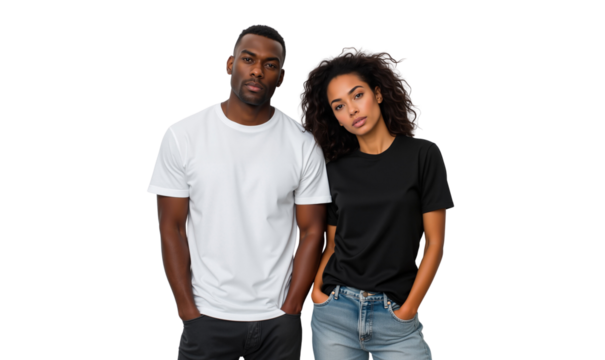 Diverse couple wearing blank white and black t-shirts, representing casual fashion, unity, and modern style