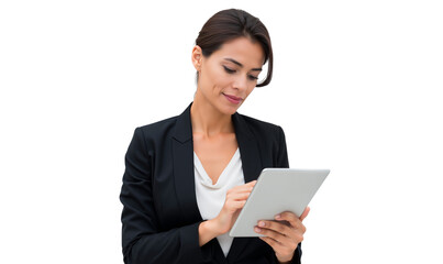 Focused businesswoman using a tablet, isolated on transparent background