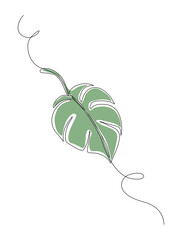 Minimal continuous one line drawing of a green monstera leaf, symbolizing simplicity, elegance, and natural beauty in modern botanical art. Vector Editable stroke