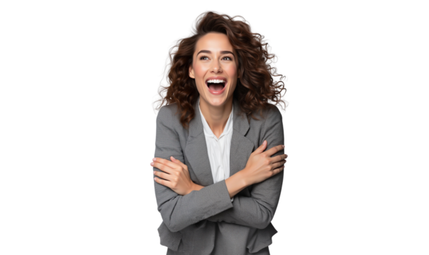 Joyful businesswoman with curly hair laughing, crossing her arms, showing happiness, success, and positive emotions
