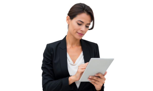 Focused businesswoman using a tablet, isolated on transparent background - Powered by Adobe