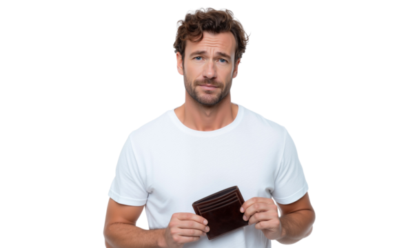 Concerned man holding an empty wallet, financial stress, debt, and economic worries - Powered by Adobe