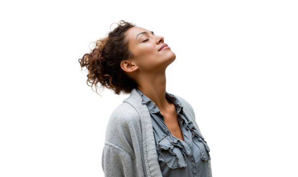 Serene woman with closed eyes experiencing peace, relaxation, and mindfulness, isolated on transparent background