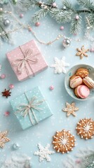 Fototapeta premium A blue and pink gift box with a bow on top