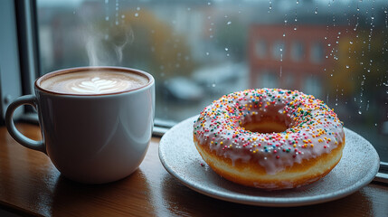 Cup of hot coffee with latte art and glazed donut with colourful sprinkles on a white plate by a rainy window, cozy autumn atmosphere, warm light reflection on the table surface.