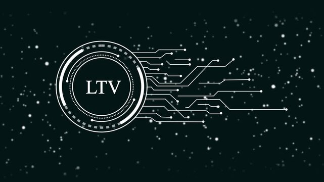 L T V concept digital interface with glowing particles and circuit lines on dark background for business analytics and marketing strategy