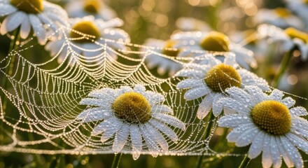 Dew Drops Cling To A Spider's Web Among Daisies In Morning Light