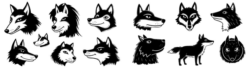 Fototapeta premium Stylized Wolf Head Illustrations Collection: Black and White Canine Portraits for Wildlife Projects, Mascot Design, and Logo Creation - Vector Animal Graphics for Conservation Campaigns, Branding, and
