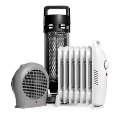 Different modern electric heaters isolated on white