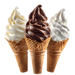 Three Swirled Soft Serve Ice Cream Cones Displayed Together