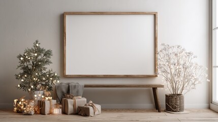 A white framed picture with a bench in front of it