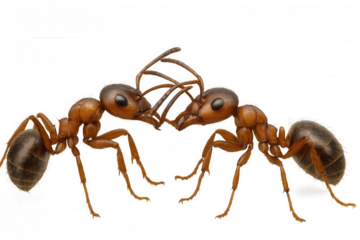 Ants communicating, touching antennae, close-up macro view, interacting on transparent background