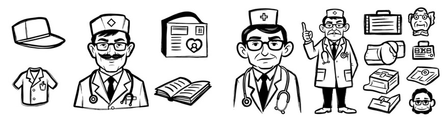 Medical Professionals and Equipment Line Art Set: Doctors Examining Patients, Reviewing Records in Healthcare Setting for Presentation, Website, or Advertisement with Diagnosis & Treatment Concepts (O