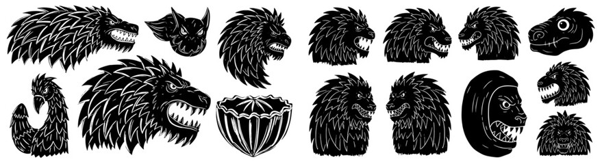 Fototapeta premium Fearsome Creature Silhouettes with Sharp Teeth and Spikes for Fantasy Designs, Dark Arts, Graphic Novels, Game Assets and Gothic Illustrations Featuring Angry Monsters, Mythological Beasts, and Aggres