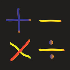 Colorful hand drawn basic math symbols on a dark background