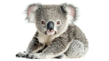 Fototapeta premium Adorable koala bear cub with fluffy grey fur and distinctive black nose sitting on white background, isolated cutout for creative projects and designs.