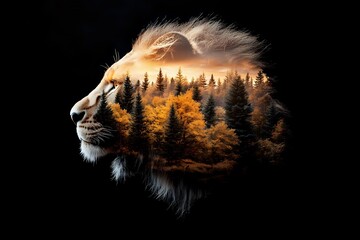 Artistic double exposure effect combining majestic lion profile with autumn forest landscape at sunset, pine trees silhouettes against golden sky on black background.
