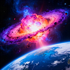 Obraz premium A stunning visual of a cosmic explosion occurring above Earth, with vibrant colors and celestial bodies. The image captures the awe-inspiring power and beauty of the universe and a supernova.