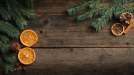 A wooden table with a few oranges and pine cones on it