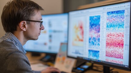 Specialist reviewing transcriptomic data visualizations interpreting RNA expression levels using sophisticated bioinformatics tools