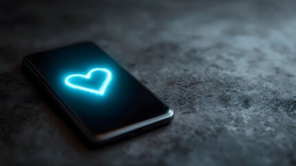 A smartphone screen displays a vibrant glowing blue heart icon on a dark textured surface