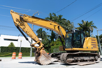 Heavy construction machines. Excavator. Heavy equipment of excavator with hydraulic system. Excavator heavy machinery. Industrial heavy equipment. Excavator machinery