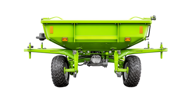 Efficient green fertilizer spreader ready for spring planting, ensuring healthy crop yields on your farm with precision and modern technology