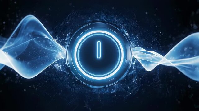 An abstract digital illustration featuring a glowing power button with blue smoke-like patterns and a dark background