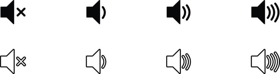 Flat vector sound and volume icons including mute, loudspeaker symbols, glyph, solid, and silhouette styles for media design use. Speaker full to mute isolated on white background.