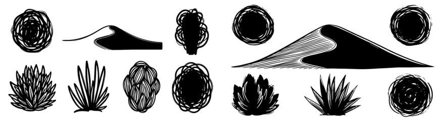 Monochrome Desert Landscape Design Elements Sketch Set with Sand Dunes, Tumbleweeds, Cactus Plants in Arid Environment for Natural Ecology Illustration, Travel, Adventure, Botanical Graphic, Clean Lin