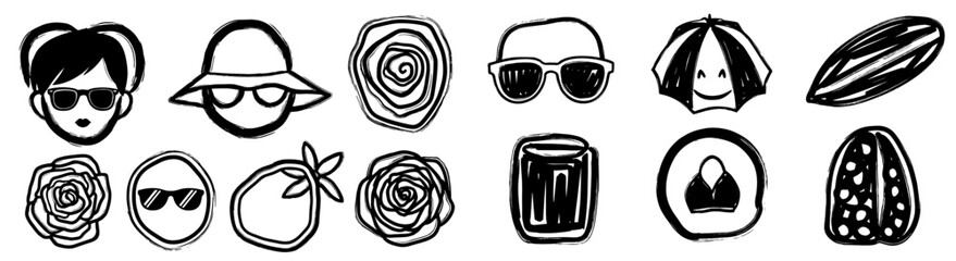 Stylized Doodle Icons: A Whimsical Collection of Portraits, Flora, and Objects for Creative Design Projects, Perfect for Fashion, Lifestyle, and Educational Resources, Expressive and Modern Sketch Art
