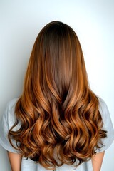 Naklejka premium Back view of long wavy copper brown hair with balayage highlights on woman wearing grey t-shirt against white background, showing professional salon styling.
