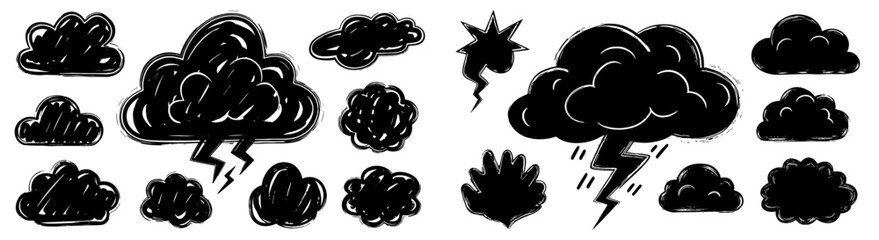 Dramatic Storm Clouds Gathering with Lightning Strikes and Rain Showers in a Dark Sky, Depicting Weather Events and Atmospheric Conditions for Climate Studies, Nature Illustrations, Graphic Design Ele