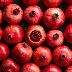 Red ripe pomegranates arranged on a dark surface