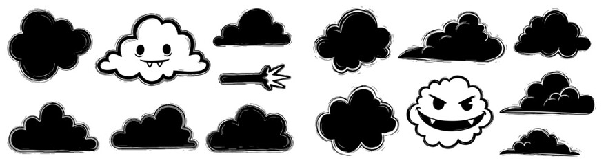 Cartoon Clouds Icons Illustrations Set: Spooky Monster Cloud Characters in a Cartoonist Style, for Halloween Designs and Weather Illustrations. Bad Weather, Stormy, and Gloomy Clouds in Graphic Resour