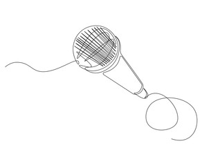 Wired microphone continuous line. Continuous one line drawing of mic. Singing equipment concept. Single line drawing