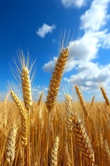 Golden wheat ears against vibrant blue summer sky with white clouds. Close-up view of ripe cereal crop in agricultural field ready for harvest.